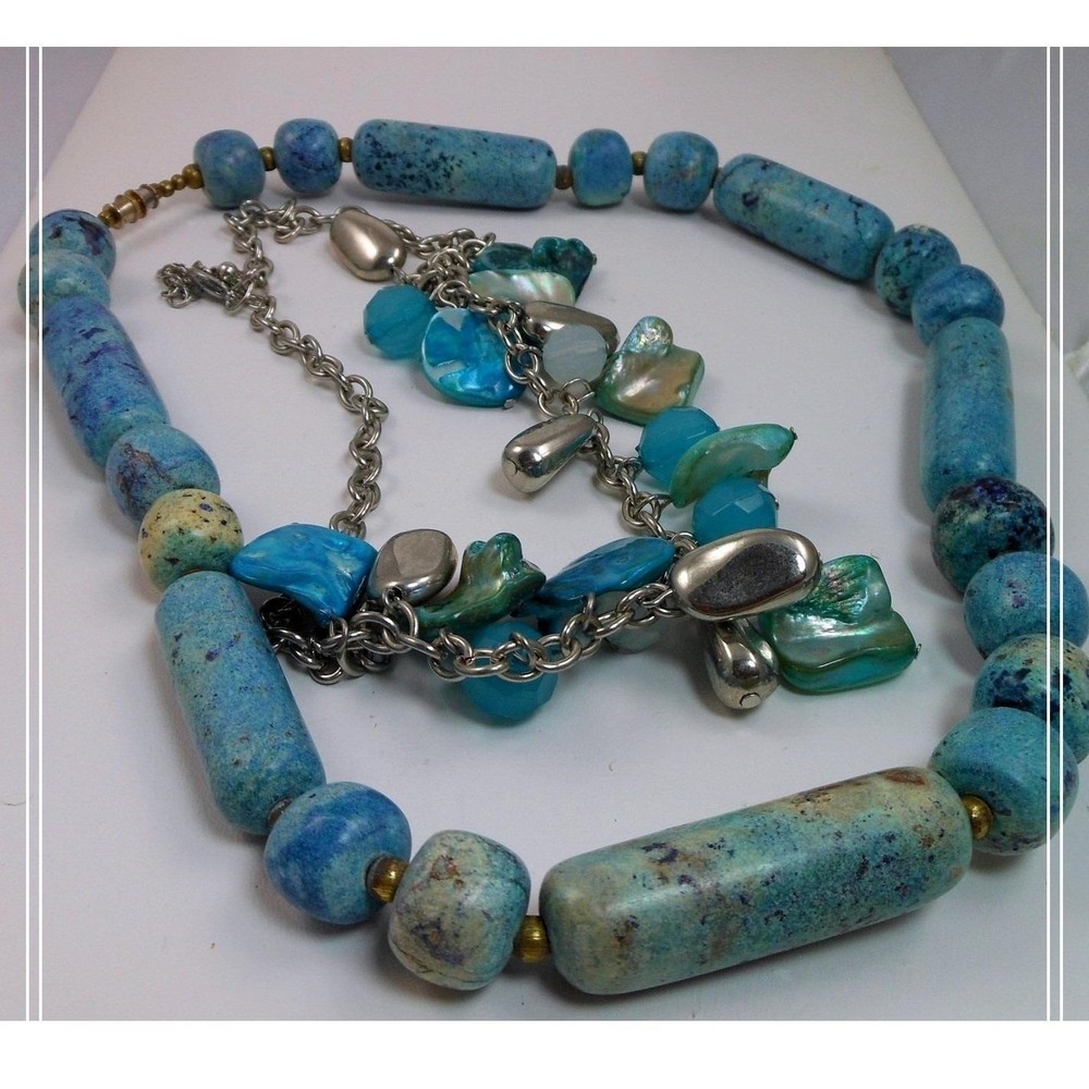 Vintage Turquoise Color Bead Necklace Set with Silver Blue Accents (2 piece set)
